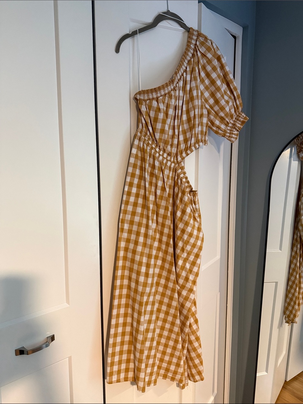 One-Shoulder Gingham Midi Dress - Mustard White